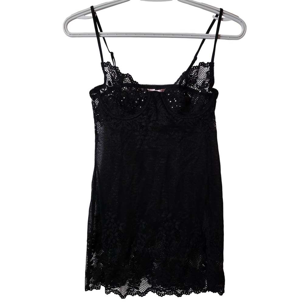 Victoria's Secret Black Lace Rhinestone Underwire Chemise Slip Dress Small